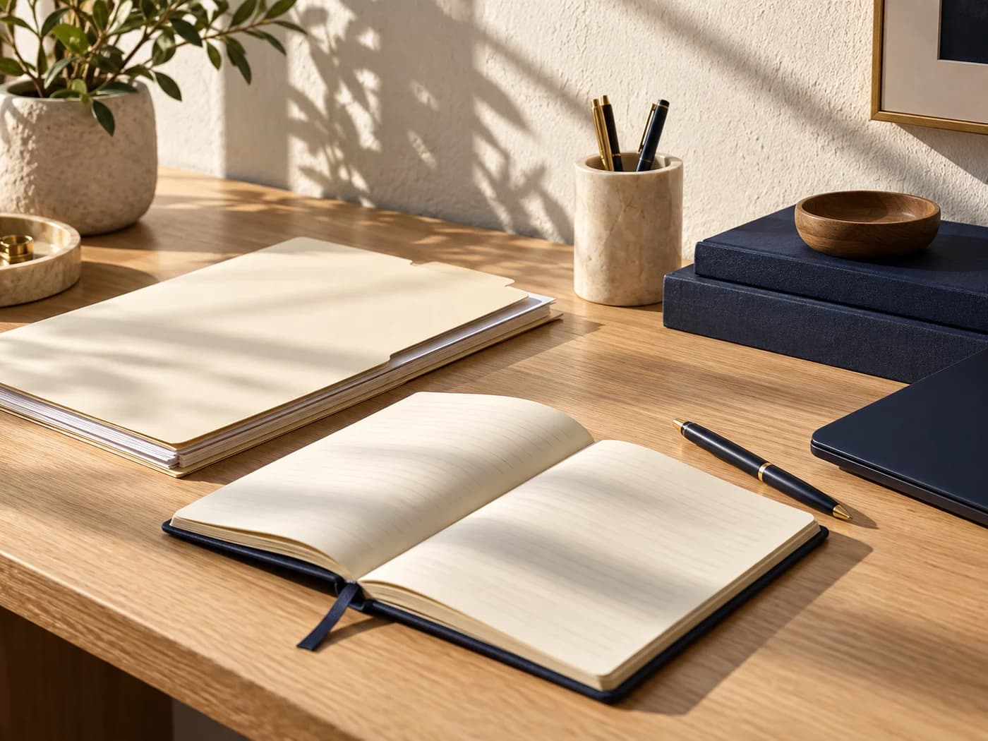 An orderly desk with a folder of papers, a notebook and a pen